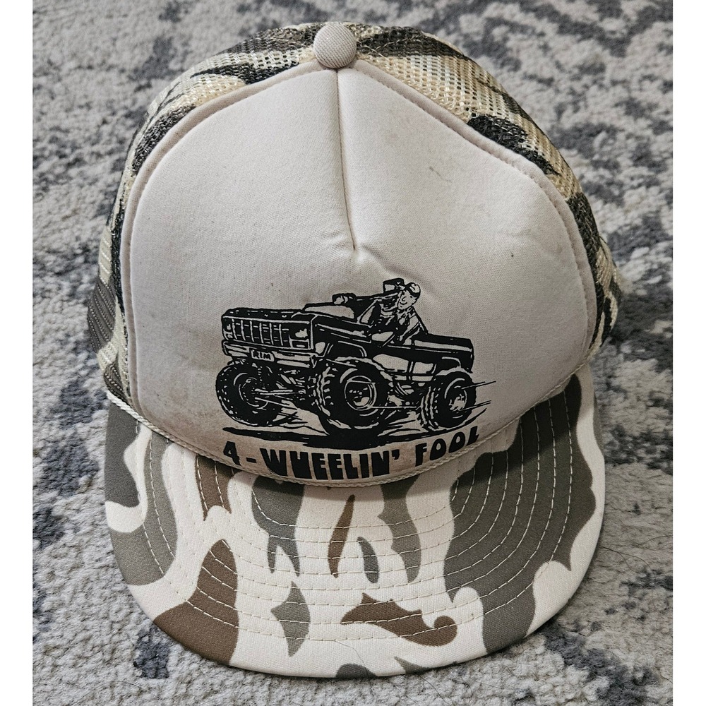 Vintage 80s Winner 4-Wheelin Fool Trucker Hat Camo Mesh Snapback Monster Truck